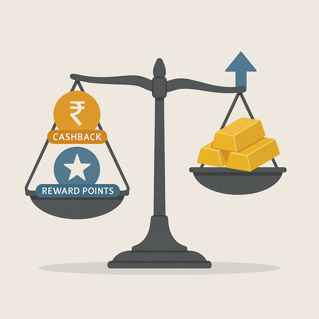 Balance scale showing digital gold outweighing cashback and reward points